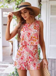 SHEIN VCAY Áo liền quần nữ Xù Dây kéo Hoa Tất cả trên in Boho - Nhiều màu - Xem 4