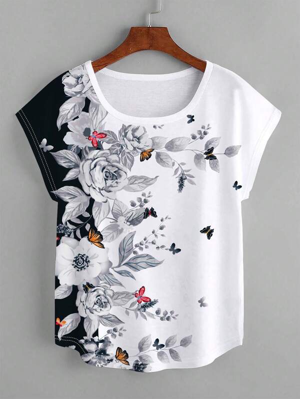 EMERY ROSE T-shirt graphique à manches chauve-souris avec imprimé floral et ourlet incurvé pour femmes