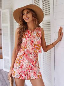 SHEIN VCAY Áo liền quần nữ Xù Dây kéo Hoa Tất cả trên in Boho - Nhiều màu - Xem 6