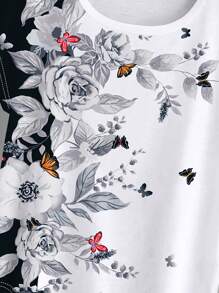 EMERY ROSE 花卉印花蝙蝠袖弧形下摆 T 恤图案 T 恤女式上衣 - 黑與白 - 查看 3