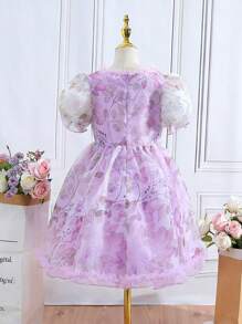 Chica preadolescente Vestido con estampado floral de manga farol de organdí - Morado - Ver 2