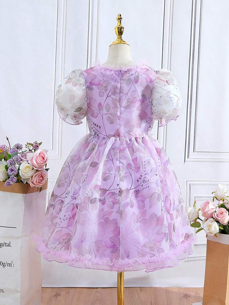 Tween Girls Floral Print Puff Sleeve Organza Overlay Dress