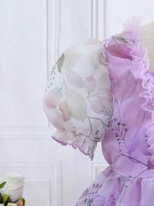 Chica preadolescente Vestido con estampado floral de manga farol de organdí - Morado - Ver 3