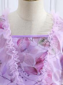 Chica preadolescente Vestido con estampado floral de manga farol de organdí - Morado - Ver 4