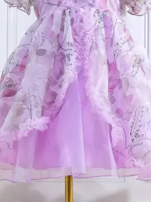 Chica preadolescente Vestido con estampado floral de manga farol de organdí - Morado - Ver 5