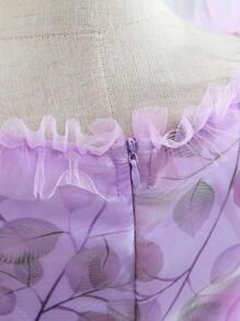Chica preadolescente Vestido con estampado floral de manga farol de organdí - Morado - Ver 6