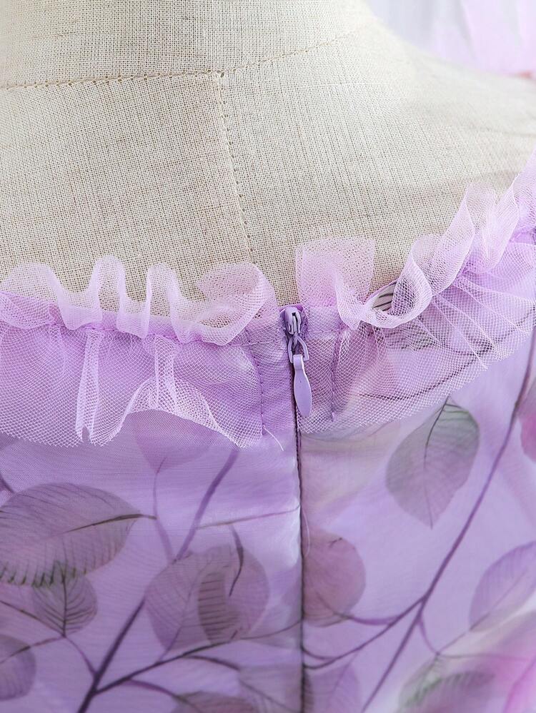 Tween Girls Floral Print Puff Sleeve Organza Overlay Dress