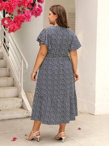 Đầm Plus Size Thắt lưng Túi Viên lá sen Trọn gói Họa tiết hoa Boho - Xanh và trắng - Xem 2