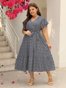 Đầm Plus Size Thắt lưng Túi Viên lá sen Trọn gói Họa tiết hoa Boho - Xanh và trắng - Xem 4