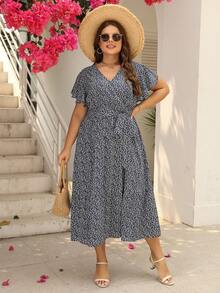 Đầm Plus Size Thắt lưng Túi Viên lá sen Trọn gói Họa tiết hoa Boho - Xanh và trắng - Xem 5