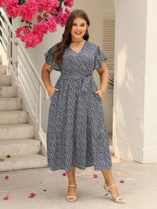 Đầm Plus Size Thắt lưng Túi Viên lá sen Trọn gói Họa tiết hoa Boho - Xanh và trắng - Xem 6