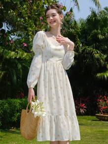 Vestido con estampado floral de cuello cuadrado bajo con fruncido - Beis - Ver 1