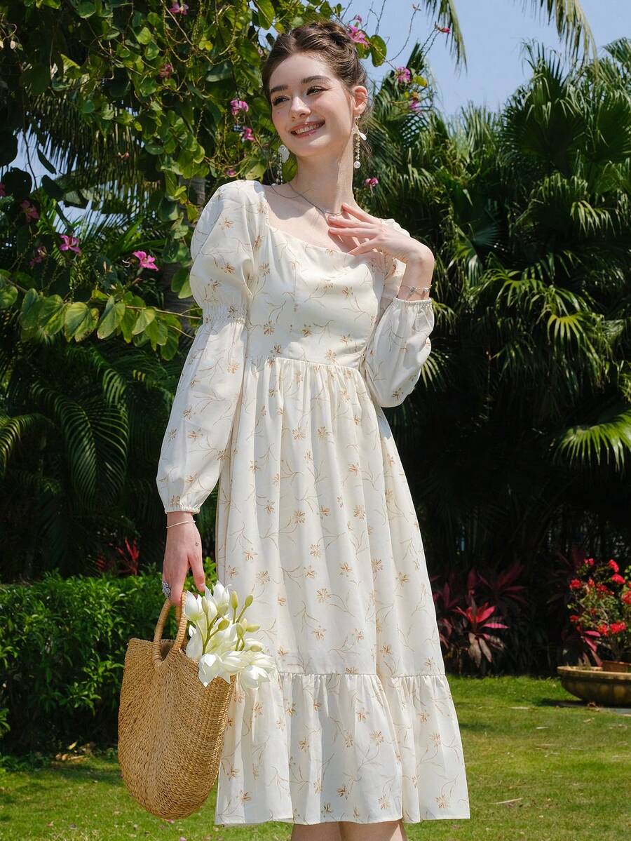 Vestido con estampado floral de cuello cuadrado bajo con fruncido - Beis - Ver 1