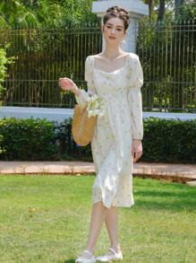 Vestido con estampado floral de cuello cuadrado bajo con fruncido - Beis - Ver 6