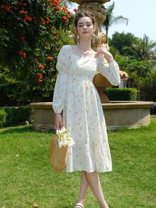 Vestido con estampado floral de cuello cuadrado bajo con fruncido - Beis - Ver 7