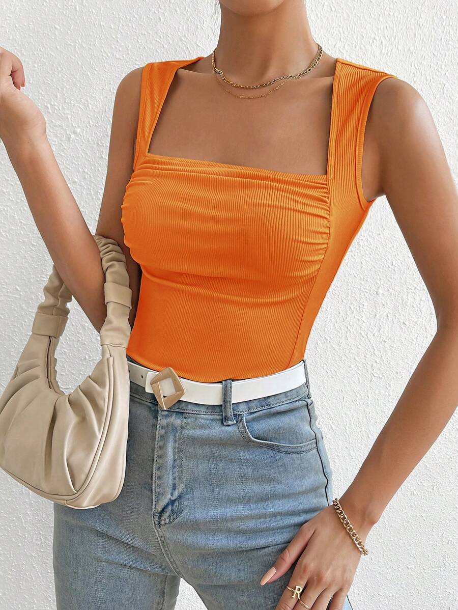 SHEIN Privé Square Neck Ruched Tank Top - Orange - View 1