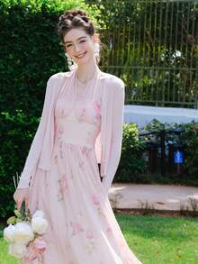 印花後背繫帶網紗覆蓋掛脖洋裝 - 淺粉色 - 查看 3