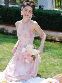 印花後背繫帶網紗覆蓋掛脖洋裝 - 淺粉色 - 查看 4