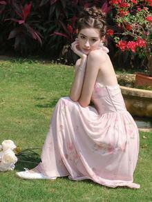 印花後背繫帶網紗覆蓋掛脖洋裝 - 淺粉色 - 查看 6