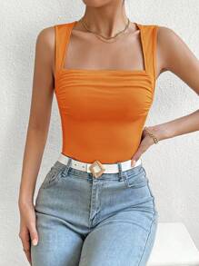 SHEIN Privé Square Neck Ruched Tank Top - Orange - View 4