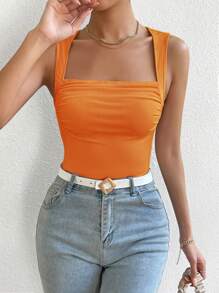 SHEIN Privé Square Neck Ruched Tank Top - Orange - View 5