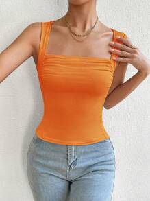 SHEIN Privé Square Neck Ruched Tank Top - Orange - View 6
