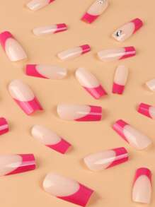 使用24入組長棺材淺粉色法式假指甲和1入組指甲銼和1張膠帶立即升級您造型 - 玫瑰紅 - 查看 5