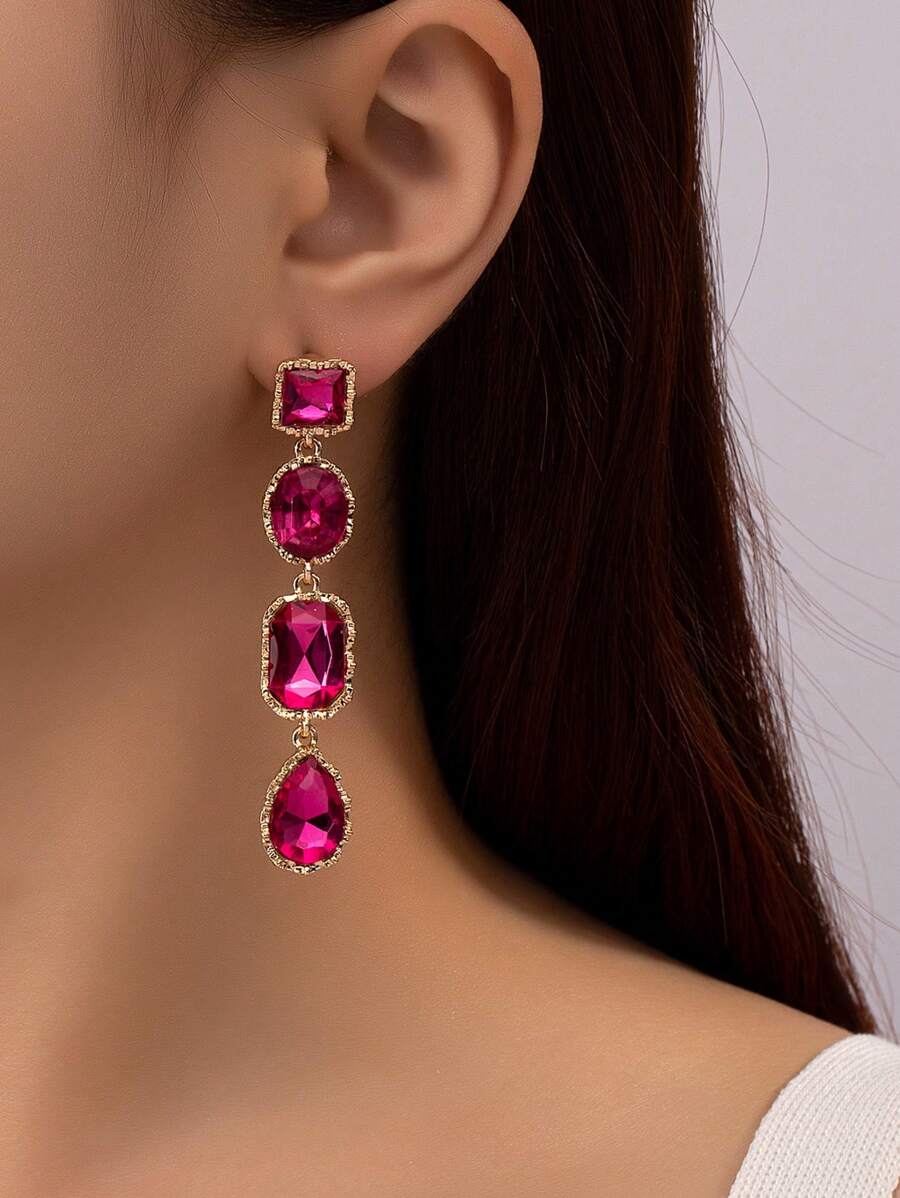 Bông tai thả đính đá rhinestone - Màu Hồng Tươi - Xem 1