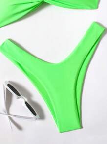 夏季海灘純色高腰霓虹色比基尼下身泳衣 - 青檸色 - 查看 1