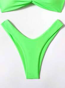 夏季海灘純色高腰霓虹色比基尼下身泳衣 - 青檸色 - 查看 3