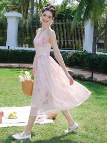 印花後背繫帶網紗覆蓋掛脖洋裝 - 淺粉色 - 查看 9