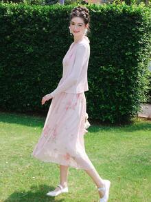 印花後背繫帶網紗覆蓋掛脖洋裝 - 淺粉色 - 查看 10