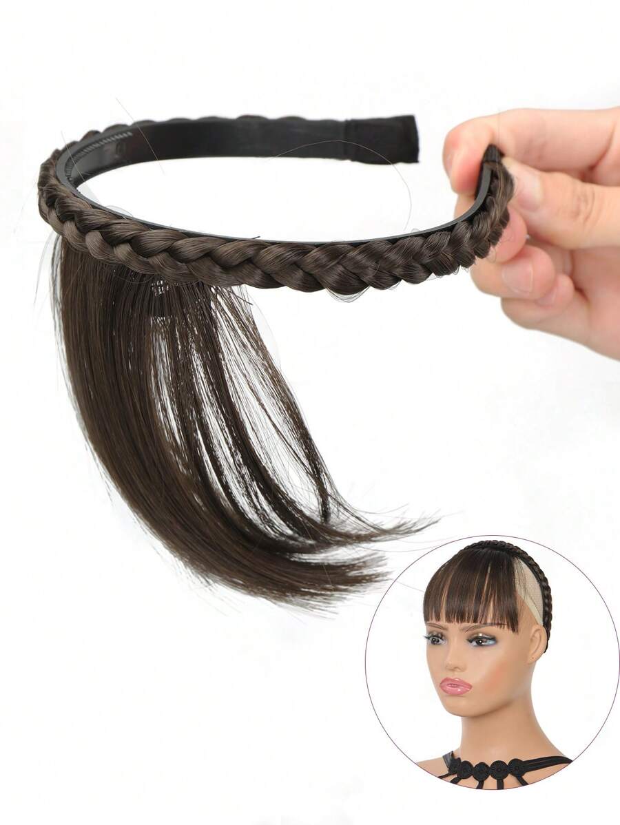 Short Straight Synthetic Hair Bangs With Headband - Chocolate Brown - View 1