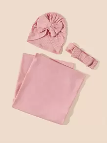 SHEIN 1入組嬰兒素色繈褓毯和1入組蝴蝶結裝飾帽和1入組髮帶 - 粉色 - 查看 1