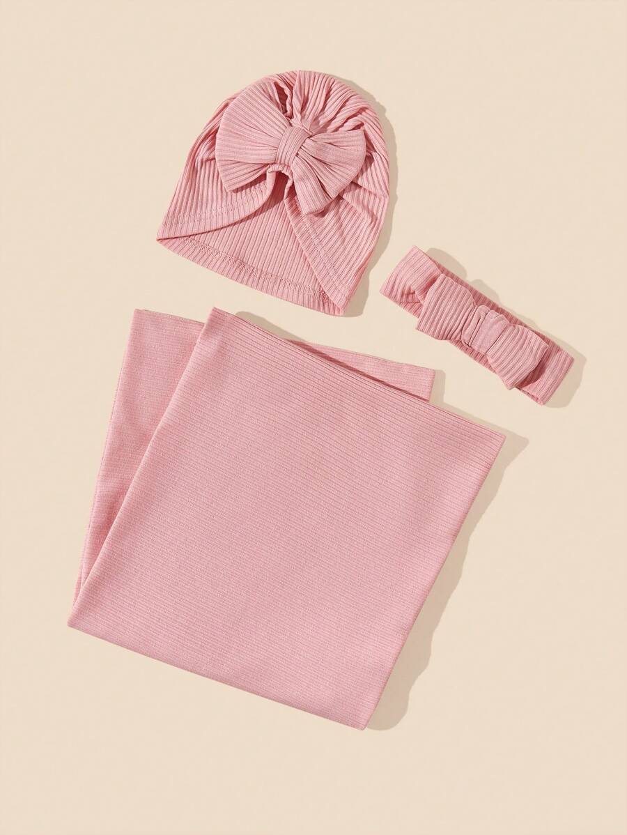 SHEIN 1入組嬰兒素色繈褓毯和1入組蝴蝶結裝飾帽和1入組髮帶 - 粉色 - 查看 1