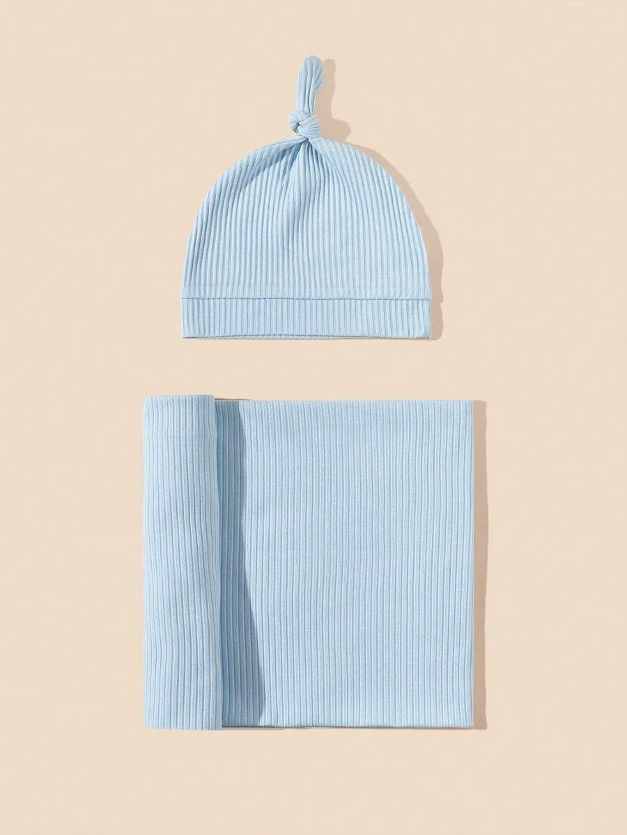 SHEIN 1 件婴儿纯色襁褓毯和 1 件情人节爱心帽子 - 藍色 - 查看 1