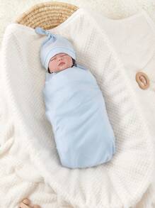 SHEIN 1 件婴儿纯色襁褓毯和 1 件情人节爱心帽子 - 藍色 - 查看 2