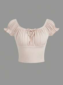 SHEIN Girlism 青少年女孩胸部褶皺前繫帶泡泡袖短款T恤 - 杏色 - 查看 1