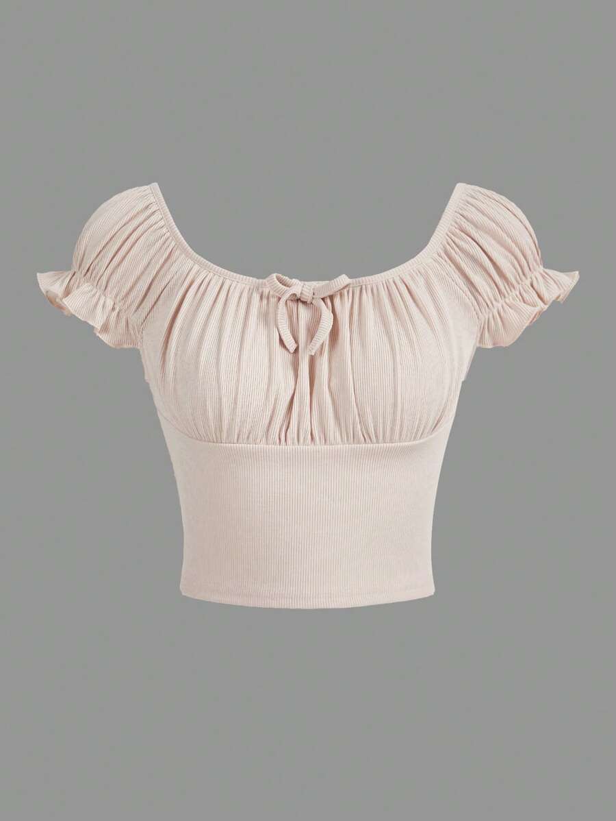 SHEIN Girlism 青少年女孩胸部褶皺前繫帶泡泡袖短款T恤 - 杏色 - 查看 1