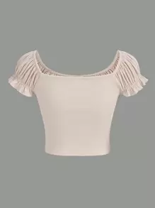 SHEIN Girlism 青少年女孩胸部褶皺前繫帶泡泡袖短款T恤 - 杏色 - 查看 2