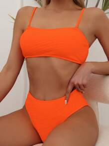 SHEIN Swim Summer Beach Solid High Waisted Bikini Set, Bathing Suit - Orange - View 3