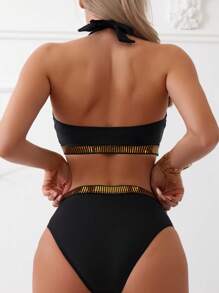 拼接邊掛脖比基尼泳裝 - 黑色 - 查看 2
