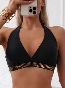 拼接邊掛脖比基尼泳裝 - 黑色 - 查看 3