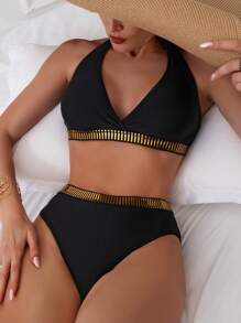 拼接邊掛脖比基尼泳裝 - 黑色 - 查看 4