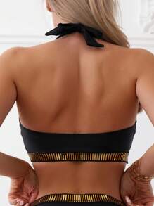 拼接邊掛脖比基尼泳裝 - 黑色 - 查看 5
