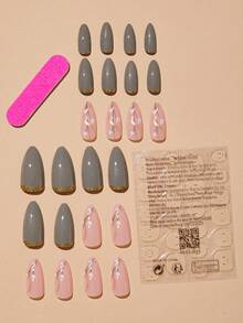 24 chiếc móng tay dài in hình hoa hạnh nhân & 1 dũa móng tay & 1 băng dính - Xám - Xem 2