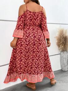 SHEIN Clasi 大碼印花挖肩高低下擺連衣裙 - 酒紅色 - 查看 2