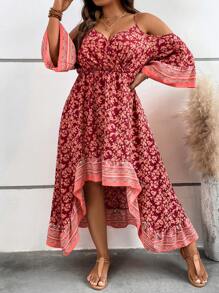 SHEIN Clasi 大碼印花挖肩高低下擺連衣裙 - 酒紅色 - 查看 3
