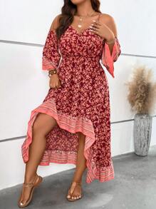 SHEIN Clasi 大碼印花挖肩高低下擺連衣裙 - 酒紅色 - 查看 4