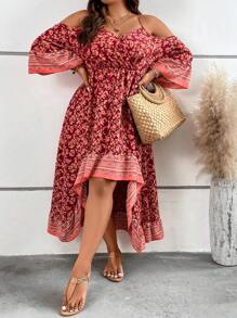 SHEIN Clasi 大碼印花挖肩高低下擺連衣裙 - 酒紅色 - 查看 5